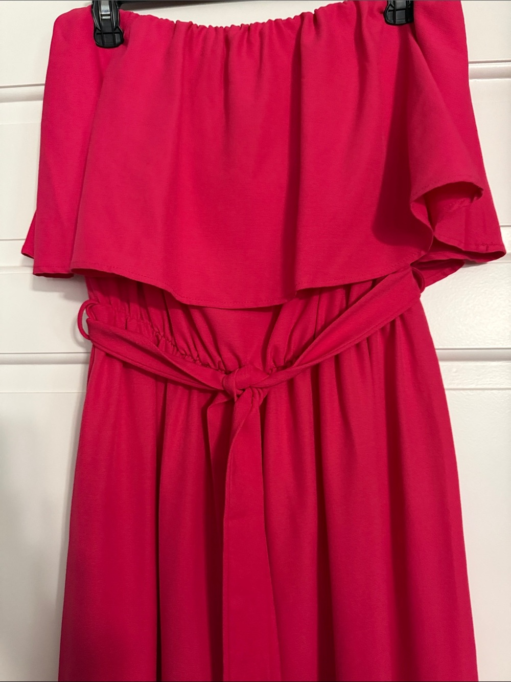 Impressions Off-Shoulder Hot Pink Jumpsuit with Waist Tie - Picture 3 of 5